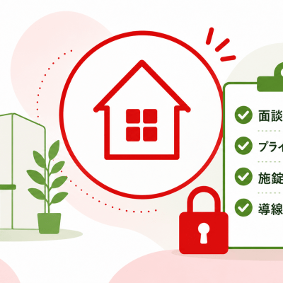 有料職業紹介事業許可を自宅で取得するための要件イメージ（面談スペース・プライバシー確保・施錠管理・導線）